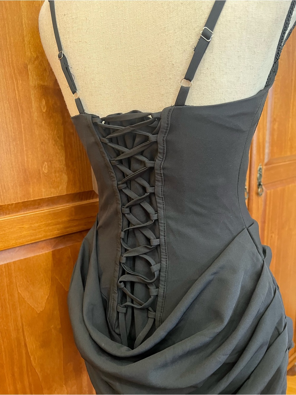 Square Neck Black Satin-Trim Mini Dress - Picture 7 of 10